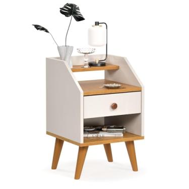 Imagem de Mesa Cabeceira Charme Apoio Lateral Cama Criado Organizador Pequeno Nicho Pé Palito Decoração Quarto Dakota - Off White/Freijo