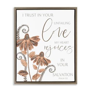 Imagem de Stupell Industries Trust In Your Unfailing Love Arte de parede em tela flutuante marrom emoldurada, design de Annie LaPoint, 64 x 78 cm