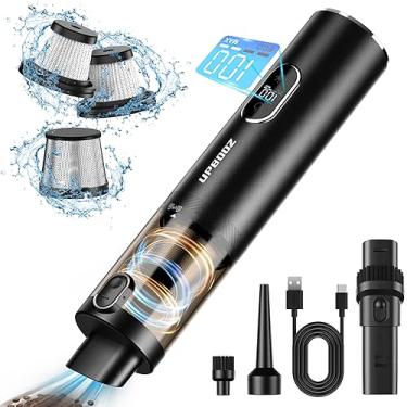 Imagem de Upbooz Aspirador de carro, portátil, sem fio, com sucção potente de 14000PA com luz LED, espanador de ar 2 em 1, aspirador portátil recarregável de baixo ruído para carro, casa, pet office