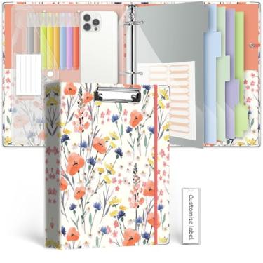 Imagem de Organizador de fichário de 3 anéis, 2,5 cm, fichários KLLVE com três anéis com prancheta, divisórias de bolsos de 5 abas, pasta de plástico, 18 divisórias stikers, alça para caneta (tamanho flora