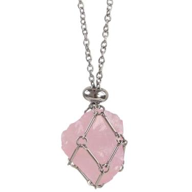 Imagem de FANASY Colar com suporte de cristal – Gaiola de aço inoxidável para pedras, colar com pingente de cristal com comprimento ajustável, joia de pedra preciosa natural para mulheres e homens, Gema, Quartzo rosa