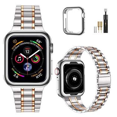 Imagem de MioHHR Pulseira de aço inoxidável sólido compatível com Apple Watch de 45 mm, capa de metal com TPU macio para iWatch séries 9, 8, 7 de 45 mm, feminino e masculino, prata/ouro rosa