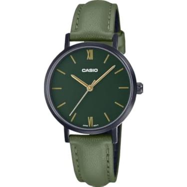 Imagem de Casio LTP-VT02BL-3A Relógio analógico feminino minimalista preto IP verde mostrador pulseira de couro com 3 ponteiros, Verde, Relógio analógico, movimento de quartzo