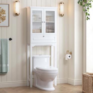 Imagem de Spirich Armário de armazenamento sobre o vaso sanitário com portas de vidro muro, organizador de banheiro com cubo inclinável e prateleira ajustável, branco