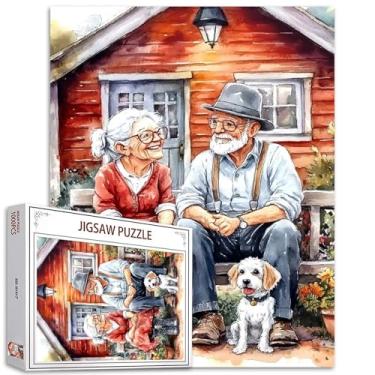 Imagem de Quebra-cabeças de casal velho 1000 peças para adultos, famílias (homem, mulher, casa de madeira, animal, cachorro, jardim) peças se encaixam perfeitamente 40 x 70 cm de arte de quebra-cabeça mágico