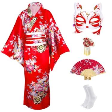 Imagem de Conjunto de quimonos para mulheres, vestido japonês, fantasia de gueixa, fantasia de gueixa, anime, cosplay, empregada, máscara, leque de mão, conjunto de meias, Vermelho, One Size Tall