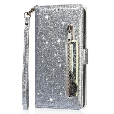 Imagem de LYJSMGZ Capa flip com glitter para iPhone 16E, capa de telefone feminina estilo carteira com fecho magnético de couro brilhante brilhante antiqueda, prata, 16E