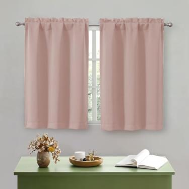 Imagem de OWENIE Cortinas de cozinha rosa blush 91 cm de comprimento, cortinas curtas blackout pequenas com isolamento térmico camada sobre a pia, bolso para varão, meia janela para banheiro, quarto