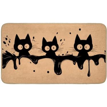 Imagem de TRYYN Tapete de porta interno de gato preto, 75 x 43 cm, tapetes de linho com tinta pingando gatinho de desenho animado, tapete de borracha antiderrapante, tapete de decoração para amantes de gatos