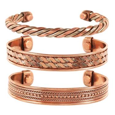 Imagem de INDTRESOR Pulseira magnética de cobre estilo tibetano. Forjada à mão com cobre puro sólido e de alto calibre. Conjunto de 3 designs diferentes com 3 tons de metal.