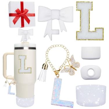 Imagem de Miglaja Acessórios rosa para Stanley Cup 850.5 g 1,134.0 g, todos os acessórios caixa de presente contêm topo de palha de flor, bota de silicone, adesivos de letras e pingentes, conjunto de tampa de