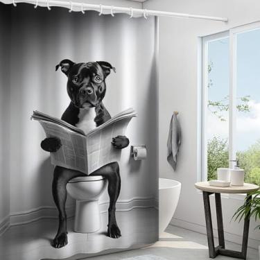 Imagem de Reateforin Cortina de chuveiro preta e branca com animais engraçados Staffordshire Bull Terrier conjunto de cortina de chuveiro para banheiro engraçado cortina de cachorro bonito tecido impermeável