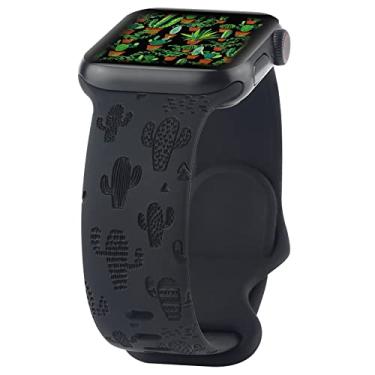 Imagem de Pulseira de silicone de cacto gravada compatível com Apple Watch de 38 mm, 40 mm e 41 mm, linda flor extravagante, impressa a laser, compatível com iWatch séries 7, 6, 5, 4, 3, 2, 1 e SE, preta, 38