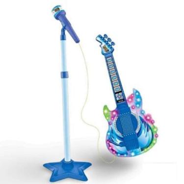 Imagem de Guitarra Microfone Pedestal Infantil Rock Show Azul DMToys com Luzes Som Conecta Celular MP3 Karaoke