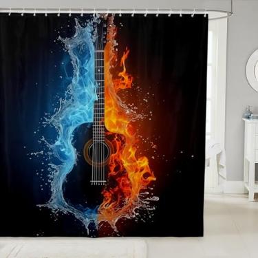 Imagem de jejeloiu Cortina de banho de guitarra 213 cm C x 183 cm L cortina de chuveiro musical para crianças, meninos, meninas, decoração de água e fogo, conjunto de cortina de chuveiro para banheiro infantil
