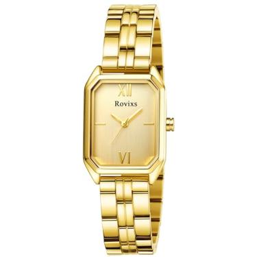 Imagem de Rovixs Relógio feminino elegante, pequeno, dourado, analógico à prova d'água com pulseira de aço inoxidável, Dourado