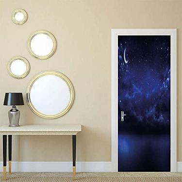 Imagem de Papel de parede de pintura de parede de porta de quarto céu noturno, desenho de desenho animado estrelado céu com lua lunar e estrelas nuvens cenário marítimo, para dormitórios, escritórios e