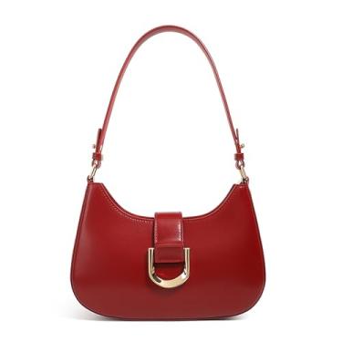 Imagem de Bolsa de ombro de couro legítimo, bolsas femininas Hobo Bolsa tiracolo com alças removíveis, Vermelho vinho, Elegante