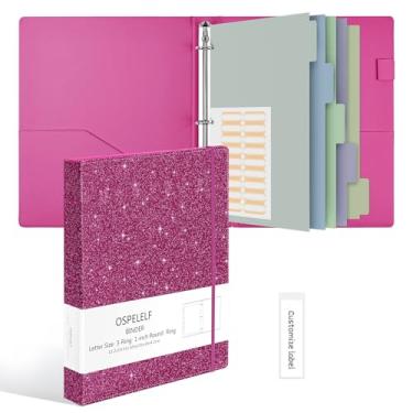 Imagem de Ospelelf Pasta de couro vintage com 3 anéis de 2,5 cm, organizador profissional adequado para documentos de tamanho carta, divisórias de fichário com abas, glitter rosa vermelho