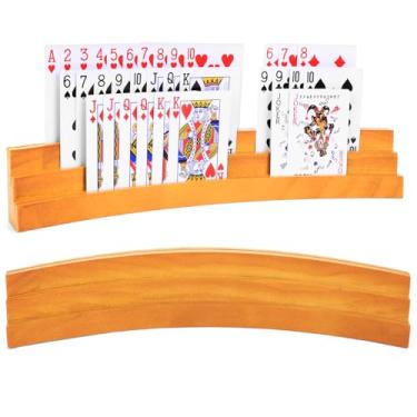 Imagem de BOBOKA Porta-cartões curvos de madeira para baralhos, conjunto de 2 porta-cartas para crianças, adultos, idosos, 3 camadas, porta-cartões mãos livres para noites de jogos de cartas em família, festas