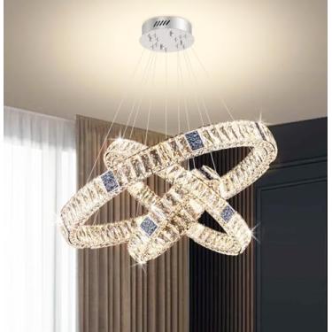 Imagem de IDEQUY Lustres pendentes de cristal grandes de 40 + 61 + 81 cm Anel K9 com pingente de teto alto para iluminação hall de entrada Lustres de sala de estar