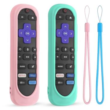 Imagem de Pacote com 2 capas de silicone para controle remoto TCL/Hisense/Roku Streaming TV Stick – à prova de choque, lavável, capa antiderrapante com cordão (rosa + menta)