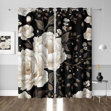 Imagem de Cortinas blackout pretas e douradas, folhas de rosas escuras, botânica, estética, boho, floral, ilhós, flores, vintage, ouro rosa, painéis de janela exclusivos chiques, cortinas de escurecimento de