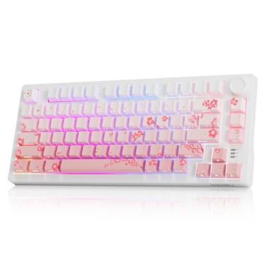 Imagem de DAREU EK75PRO Teclado Sakura rosa para jogos sem fio, teclado mecânico cremoso 75% RGB de troca a quente com botão, conectividade 2,4 GHz/BT/USB-C, suporte de junta, teclas PBT, interruptor de nuvem
