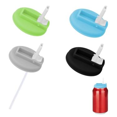 Imagem de 4 Tampas Lata Refrigerante com Palhinhas, Tampas Silicone Latas Utensílios Cozinha Reutilizáveis Compatíveis com Bebidas Enlatadas Padrão Cerveja Sumo (Preto, Azul, Verde, Cinzento)