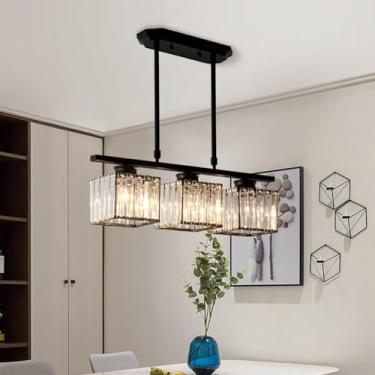 Imagem de Lustres De Ouro De Cristal Linear Longo Nórdico Para Sala De Jantar Armazém Quadrado Luzes Pendentes De Cristal Preto Pendentes Cluster Lustre De Teto Retangular Para Ilha D, Dark-3 Lights