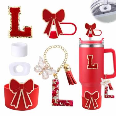 Imagem de Conjunto de 6 peças de acessórios para copo vermelho Stanley Cup 850 g 1,134 g copo com alça, incluindo tampa de cobertura de palha de silicone e bota de laço, tampa à prova de derramamento, pingente