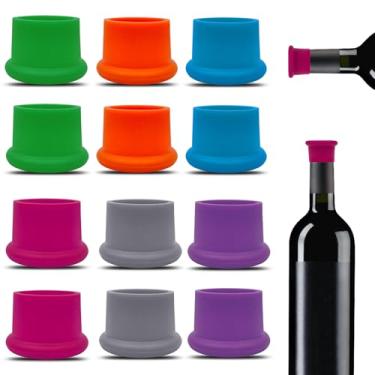 Imagem de 12 peças de rolhas de vinho coloridas, rolhas de vinho de silicone reutilizáveis, rolhas de champanhe, tampas de garrafa de cerveja para bebidas, rolhas de garrafa de vinho para garrafas de vidro