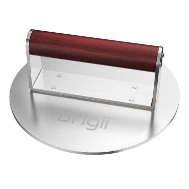 Imagem de Brigii Esmagador de prensa de hambúrguer, aço inoxidável resistente de 1,1 kg, com superfície plana antiaderente e cabo de madeira, para hambúrguer, bacon, bife, churrasco, seguro para lava-louças