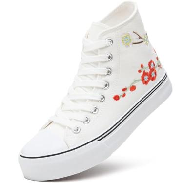 Imagem de ZGR Tênis De Lona Cano Alto Feminino, Calçados Femininos Com Bordados Em Preto E Branco, Casual Da Moda Para Caminhada (Bordado Vermelho Tamanho 8,5)