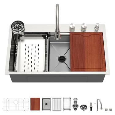 Imagem de Estação de trabalho para pia de cozinha com torneira de 84 cm em cascata - lofeyo 33 x 19 calibre 16 de aço inoxidável, pia de cascata multifuncional inteligente com torneira e lavadora de copos