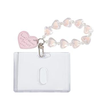 Imagem de NICENEEDED Porta-cartões fotográficos de 5,4 cm x 8,5 cm com chaveiro de coração, protetor de cartão Kpop de acrílico transparente, porta-cartões de identificação para crachás e chaveiros