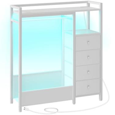Imagem de YATINEY Cômoda de quarto com suporte para roupas, cômoda de 4 gavetas com estação de carregamento e luz LED, cômoda para quarto, organizador de armário com suporte para pendurar e sapateira de 2