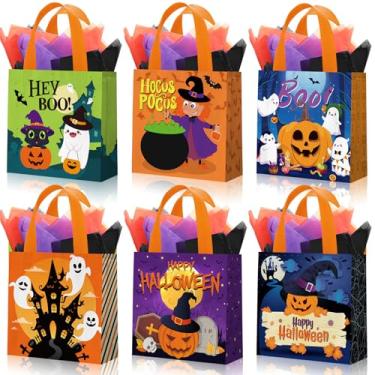Imagem de Wesnoy Pacote com 30 sacos de presente reutilizáveis de abóbora de Halloween não tecido a granel com alças sacolas de compras com papel de seda para lembrancinhas de festa