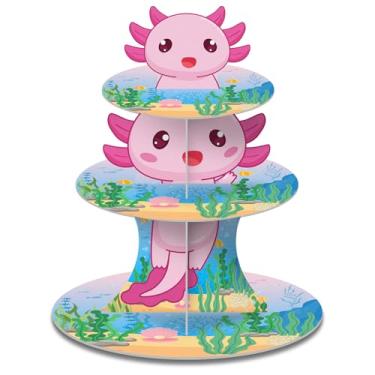 Imagem de Weysat Suporte de cupcake Axolotl de 3 camadas, rosa, desenho animado, animal, festa de aniversário, suporte de cupcake de desenho animado, suporte de bolo para Axolotl, aniversário, chá de bebê
