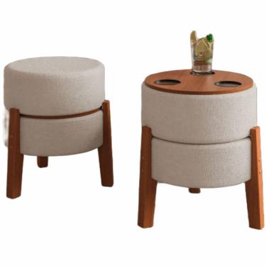 Imagem de Puff Banqueta JM Veneza Porta Copos em tecido linho pés de madeira maciça Bege