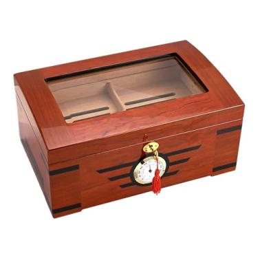 Imagem de ZzleoyuUUs-12 Caixa de charutos de luxo para charutos com higrômetro, umidificador de madeira de cedro, caixa de charutos, 2 camadas, armazenamento de 80 peças, umidificador de perspectiva de janela