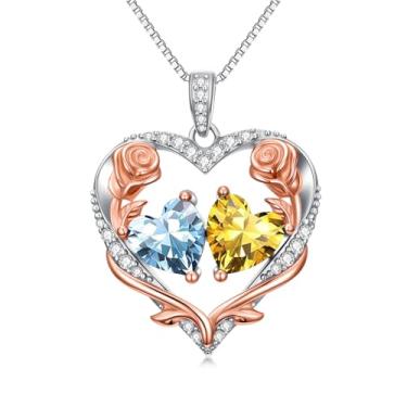 Imagem de Zoeniya Colar de coração rosa, presente para mulheres, banhado a ouro branco 18 k, pedra do mês de nascimento de 12 meses, presente de aniversário e Natal para sua esposa, namorada, 25mm, base