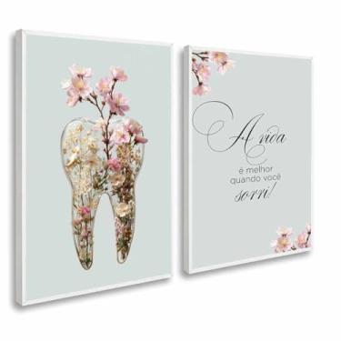 Imagem de Quadros Decorativos Odontologia Dente Flores Frase Moldura (Moldura Branca, 40x60, Com Vidro)