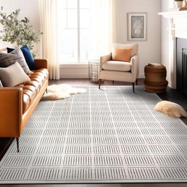 Imagem de Rugshop Bohemian Stripe Lines Tapete lavável antiderrapante 2,5 m x 25,4 m marfim