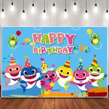 Imagem de GRAME Pano de fundo de tubarão (1,8 x 1,5 m) para festa de aniversário de bebê, fotografia de desenho animado azul oceano para meninos e meninas, decorações de tubarão e suprimentos de festa (tamanho