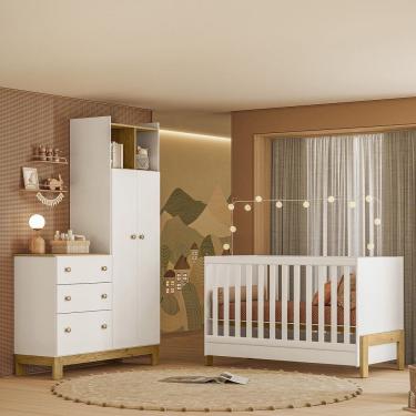 Imagem de Quarto de Bebê com Berço Mini Cama Fantasia e Roupeiro com Cômoda QEncanto Slim Freijó Branco Acetinado Qmovi
