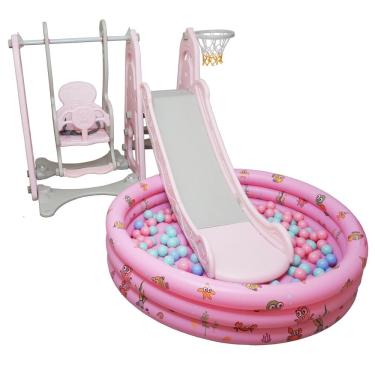 Imagem de Playground Infantil 4 em 1 Escorregador Balanço Cesta Basquete Piscina Bolinha Importway Rosa