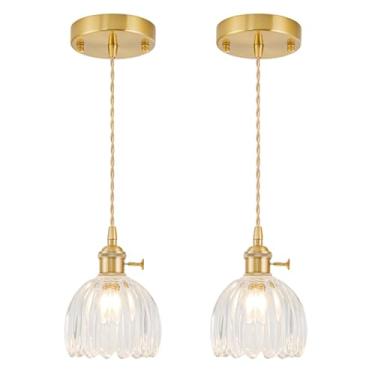 Imagem de Pacote com 2 mini luzes pendentes Kitchen Island, luminária pequena ajustável com abajur de vidro tulipa transparente, iluminação pendente dourada vintage, luminária pendente para quarto, sala de