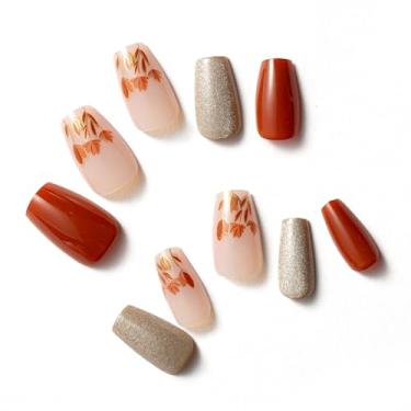 Imagem de ClawArts Pregos elegantes para caixão – comprimento médio, gel com padrão de flor dourada, glitter prateado e vermelho rubi – 24 peças, 12 tamanhos, sem necessidade de cola ou luz UV – Perfeito para