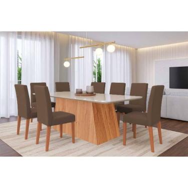 Imagem de Conjunto: Mesa Sala Jantar Helena Tampo Madeirado c/ Vidro 210x100cm e 8 Cadeiras Maia Cinamomo/Off White - Suede Mascavo Chocolate - Cimol
